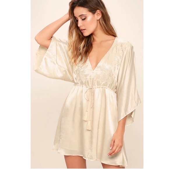 LULUS THESE WORDS LIGHT BEIGE SATIN KIMONO SLEEVE DRAWSTRING EMBROIDERED DRESS - Picture 2 of 16